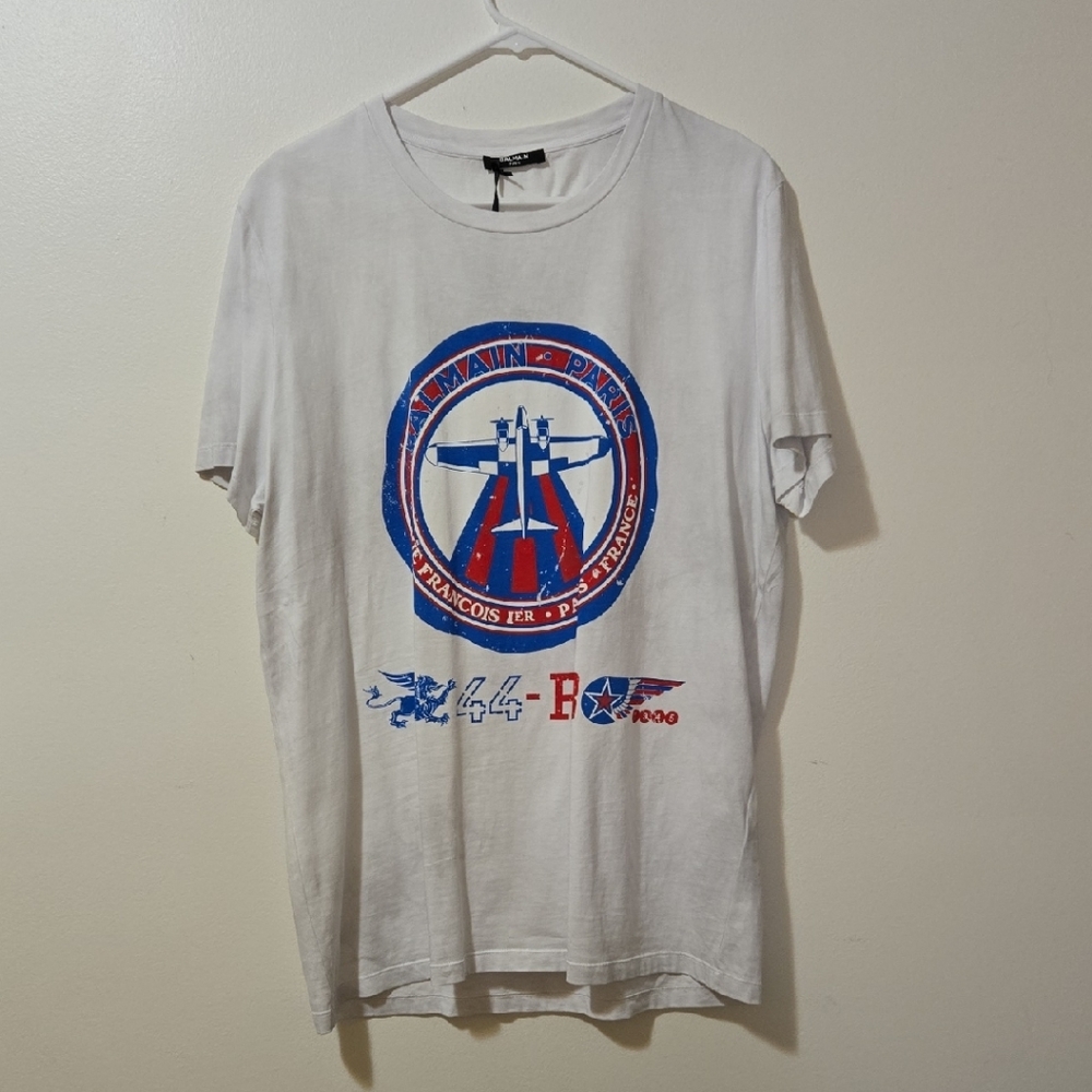 Balmain White Tee with Blue and Red Graphic